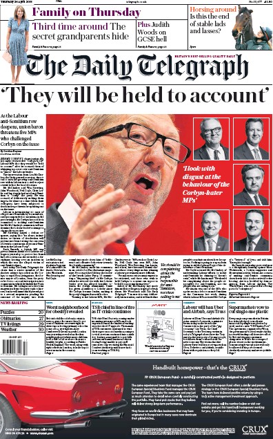 The Daily Telegraph Newspaper Front Page (UK) for 26 April 2018