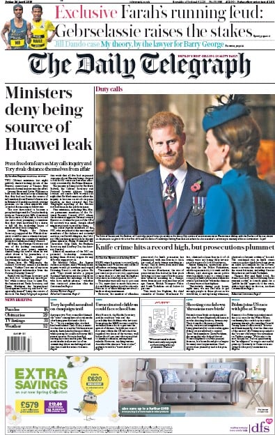 The Daily Telegraph Newspaper Front Page (UK) for 26 April 2019