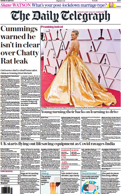 The Daily Telegraph Newspaper Front Page (UK) for 26 April 2021