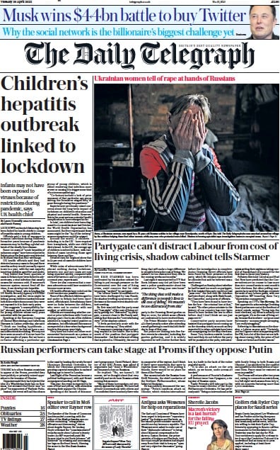 The Daily Telegraph Newspaper Front Page (UK) for 26 April 2022