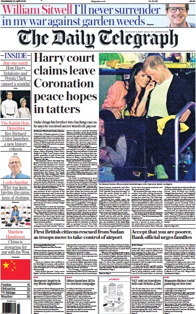 The Daily Telegraph Newspaper Front Page (UK) for 26 April 2023