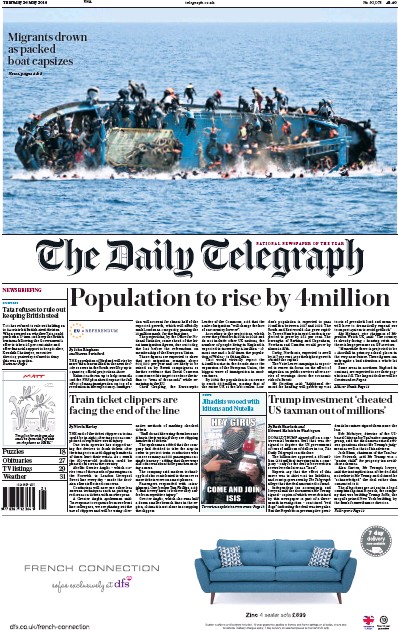 The Daily Telegraph Newspaper Front Page (UK) for 26 May 2016