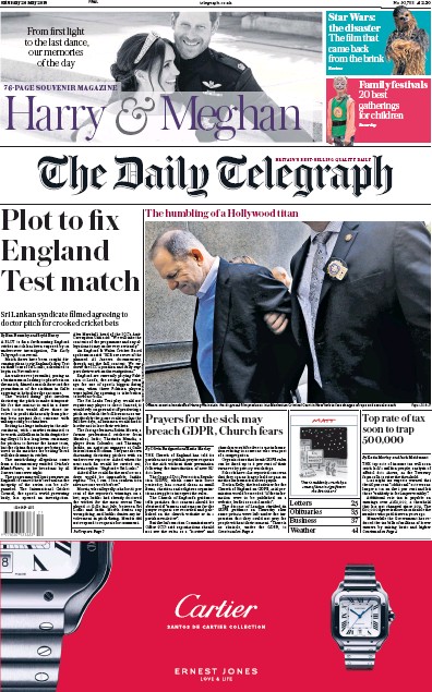 The Daily Telegraph Newspaper Front Page (UK) for 26 May 2018
