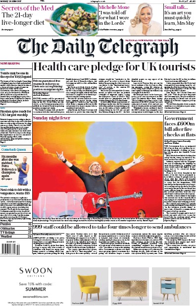 The Daily Telegraph Newspaper Front Page (UK) for 26 June 2017