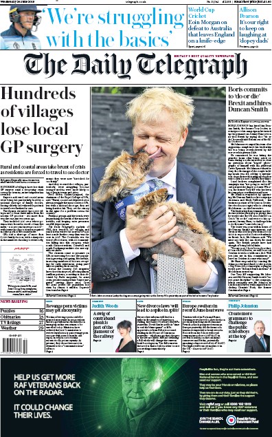 The Daily Telegraph Newspaper Front Page (UK) for 26 June 2019