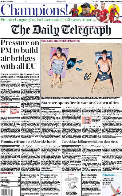 The Daily Telegraph Newspaper Front Page (UK) for 26 June 2020