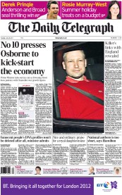 The Daily Telegraph Newspaper Front Page (UK) for 26 July 2011