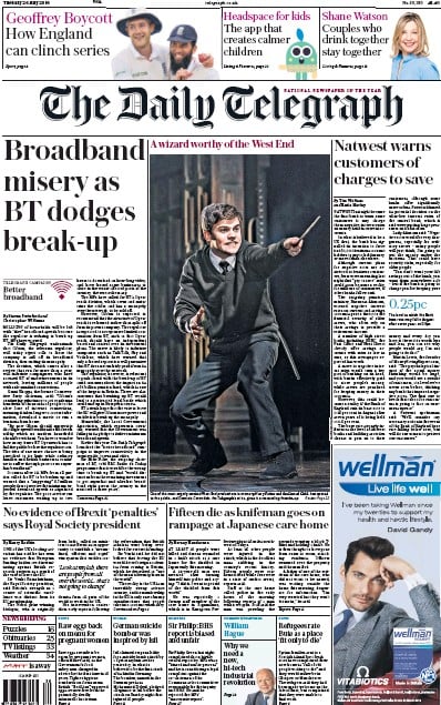 The Daily Telegraph Newspaper Front Page (UK) for 26 July 2016
