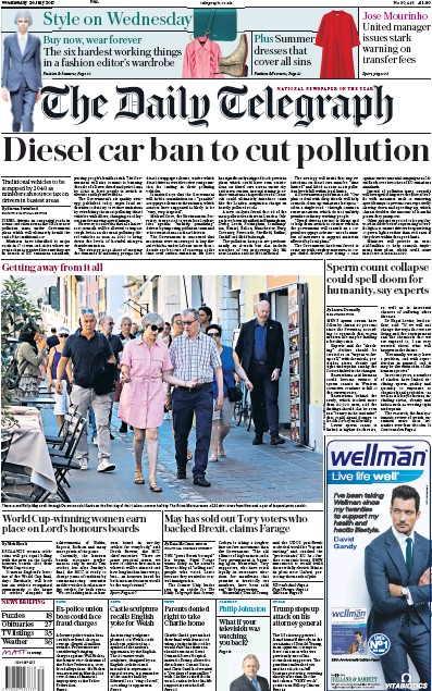 The Daily Telegraph Newspaper Front Page (UK) for 26 July 2017