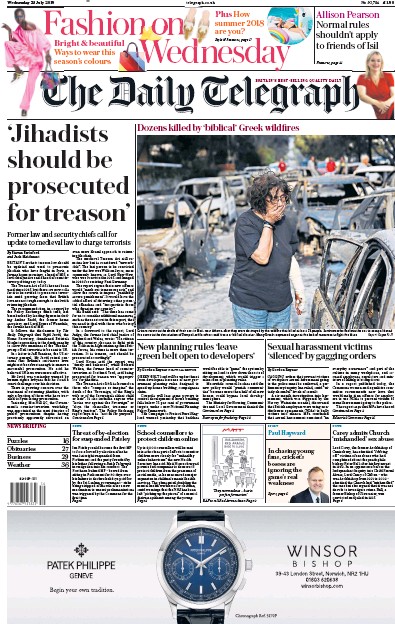 The Daily Telegraph Newspaper Front Page (UK) for 26 July 2018