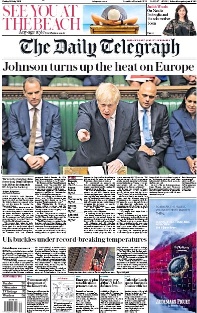 The Daily Telegraph Newspaper Front Page (UK) for 26 July 2019