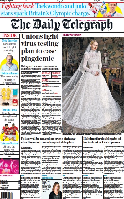 The Daily Telegraph Newspaper Front Page (UK) for 26 July 2021