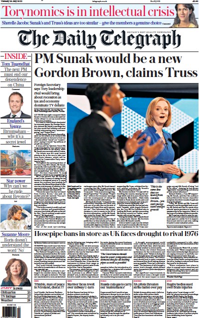 The Daily Telegraph Newspaper Front Page (UK) for 26 July 2022