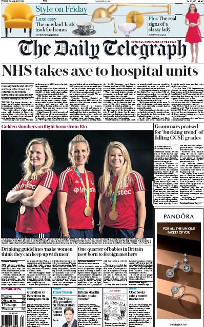 The Daily Telegraph Newspaper Front Page (UK) for 26 August 2016
