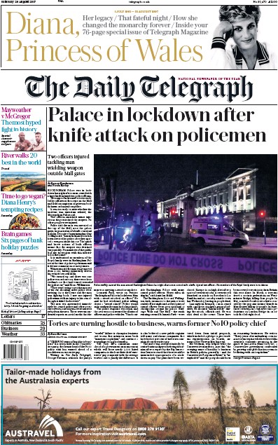 The Daily Telegraph Newspaper Front Page (UK) for 26 August 2017