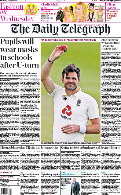 The Daily Telegraph Newspaper Front Page (UK) for 26 August 2020