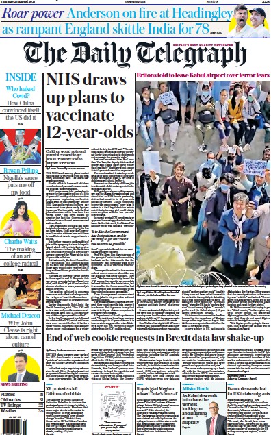 The Daily Telegraph Newspaper Front Page (UK) for 26 August 2021