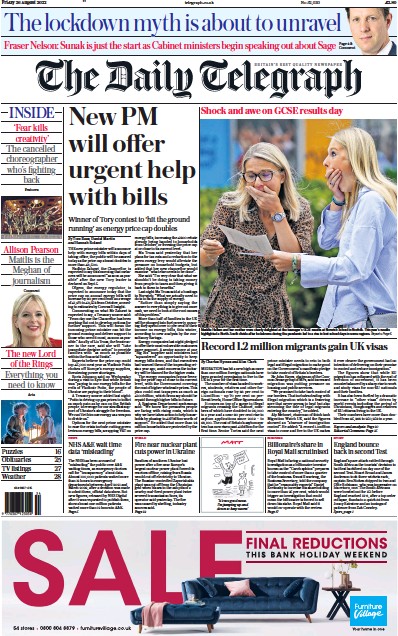The Daily Telegraph Newspaper Front Page (UK) for 26 August 2022