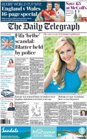 The Daily Telegraph (UK) Newspaper Front Page for 26 September 2015