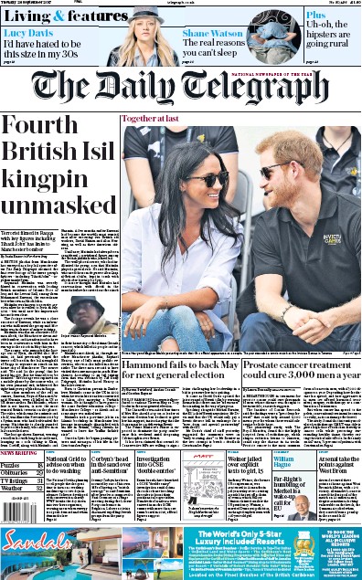 The Daily Telegraph Newspaper Front Page (UK) for 26 September 2017