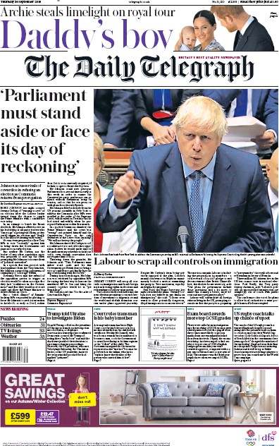 The Daily Telegraph Newspaper Front Page (UK) for 26 September 2019