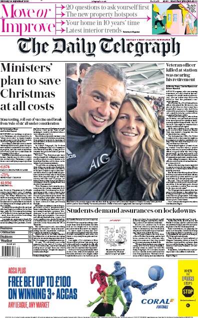 The Daily Telegraph Newspaper Front Page (UK) for 26 September 2020
