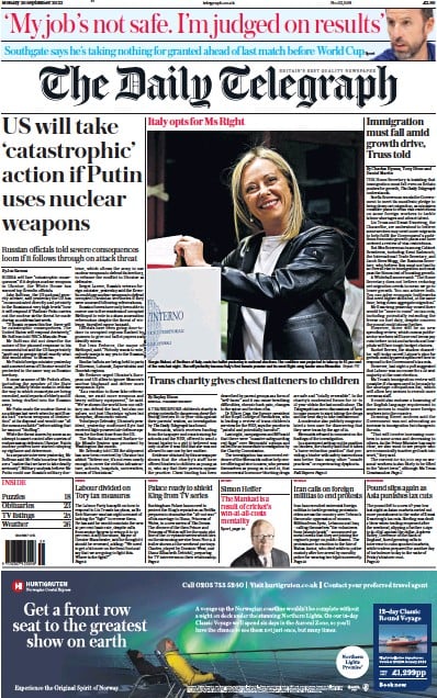 The Daily Telegraph Newspaper Front Page (UK) for 26 September 2022