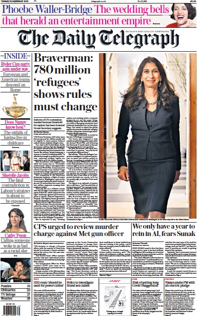 The Daily Telegraph Newspaper Front Page (UK) for 26 September 2023