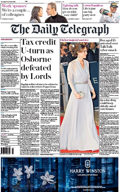 The Daily Telegraph Newspaper Front Page (UK) for 27 October 2015