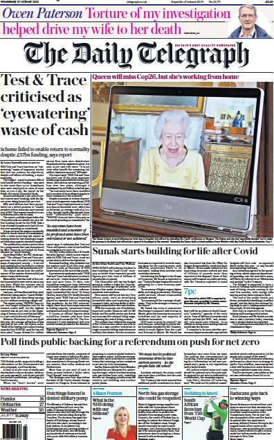 The Daily Telegraph Newspaper Front Page (UK) for 27 October 2021