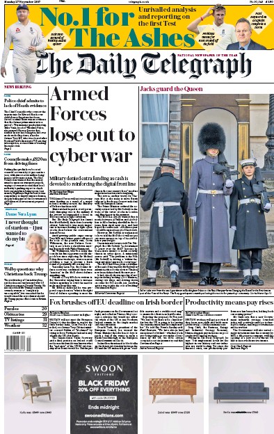 The Daily Telegraph Newspaper Front Page (UK) for 27 November 2017