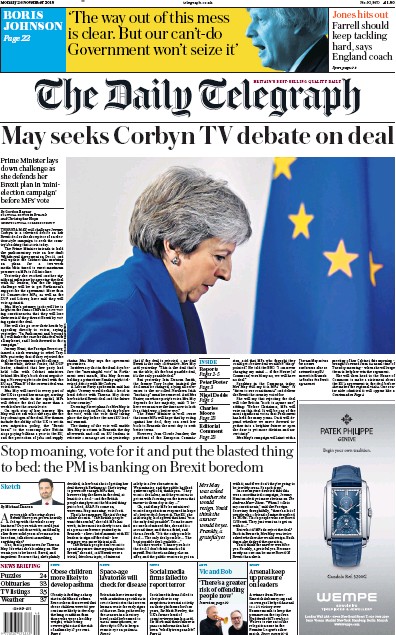 The Daily Telegraph Newspaper Front Page (UK) for 27 November 2018