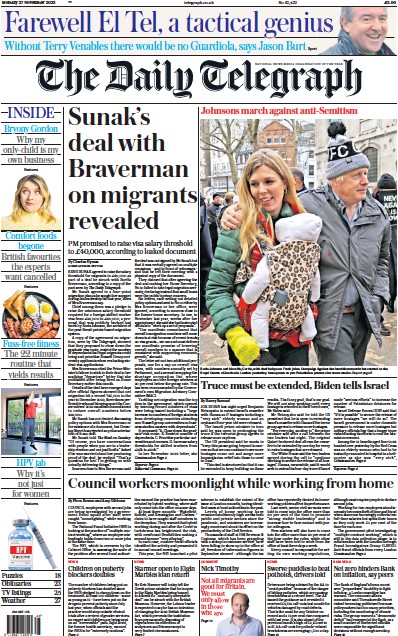 The Daily Telegraph Newspaper Front Page (UK) for 27 November 2023