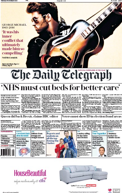 The Daily Telegraph Newspaper Front Page (UK) for 27 December 2016