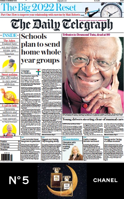 The Daily Telegraph Newspaper Front Page (UK) for 27 December 2021