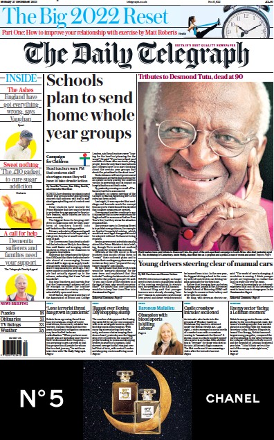 The Daily Telegraph Newspaper Front Page (UK) for 27 December 2021