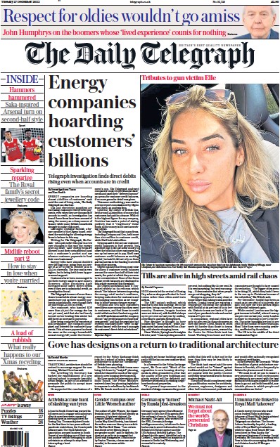 The Daily Telegraph Newspaper Front Page (UK) for 27 December 2022