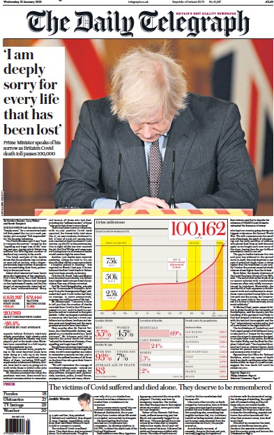 The Daily Telegraph Newspaper Front Page (UK) for 27 January 2021