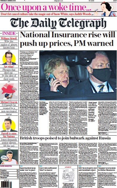 The Daily Telegraph Newspaper Front Page (UK) for 27 January 2022