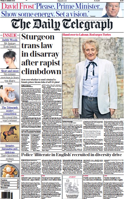 The Daily Telegraph Newspaper Front Page (UK) for 27 January 2023