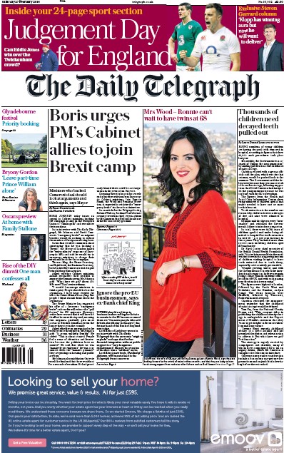 The Daily Telegraph Newspaper Front Page (UK) for 27 February 2016