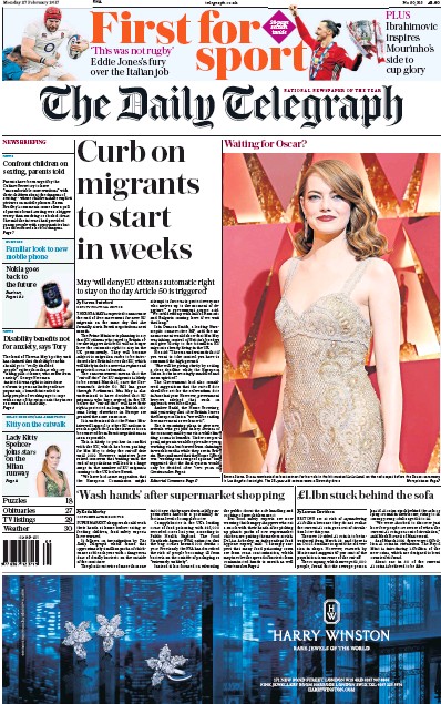 The Daily Telegraph Newspaper Front Page (UK) for 27 February 2017