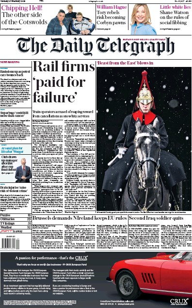 The Daily Telegraph Newspaper Front Page (UK) for 27 February 2018