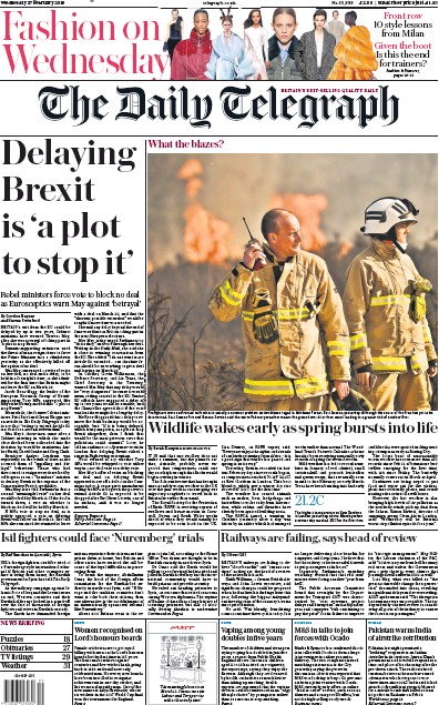 The Daily Telegraph Newspaper Front Page (UK) for 27 February 2019