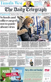 The Daily Telegraph (UK) Newspaper Front Page for 27 February 2020