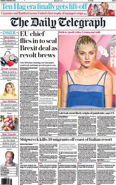 The Daily Telegraph Newspaper Front Page (UK) for 27 February 2023