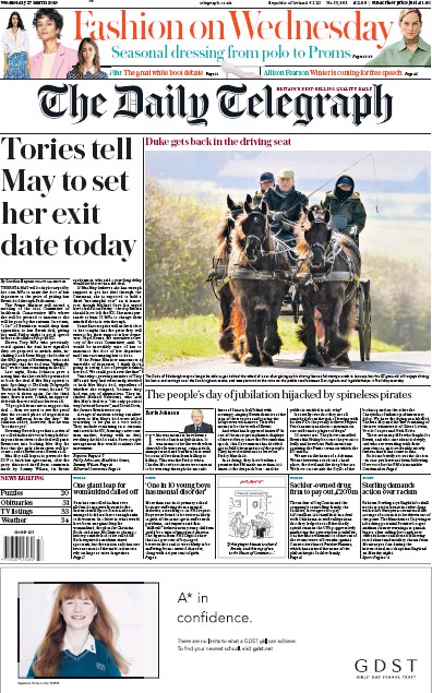 The Daily Telegraph Newspaper Front Page (UK) for 27 March 2019