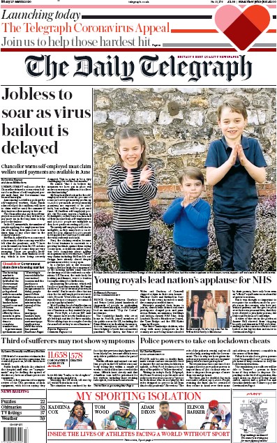 The Daily Telegraph Newspaper Front Page (UK) for 27 March 2020