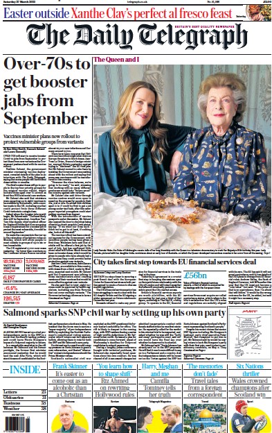 The Daily Telegraph Newspaper Front Page (UK) for 27 March 2021