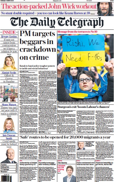 The Daily Telegraph Newspaper Front Page (UK) for 27 March 2023